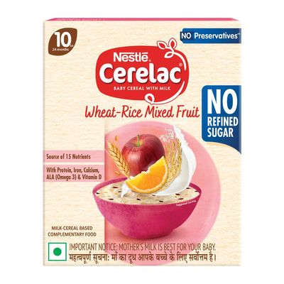 CERELAC Baby Food Cereal | No Refined Sugar | No Preservatives | Wheat Rice Mixed Fruit for 10 to 24 Months Baby | Omega 3 Iron Protein Calcium Vitamin D for Babies | Instant Cereal | 300g