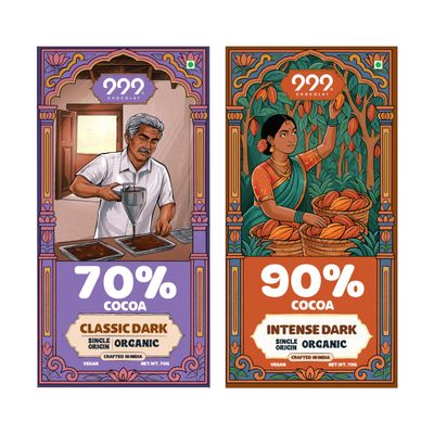 999 Chocolat 70% & 90% Dark Chocolate (Pack of 2 (140g))| Organic, Handmade Vegan Couverture Bar with Coconut Sugar | No Refined Sugar, No Preservatives, No Hydrogenated Fat | Crafted in India