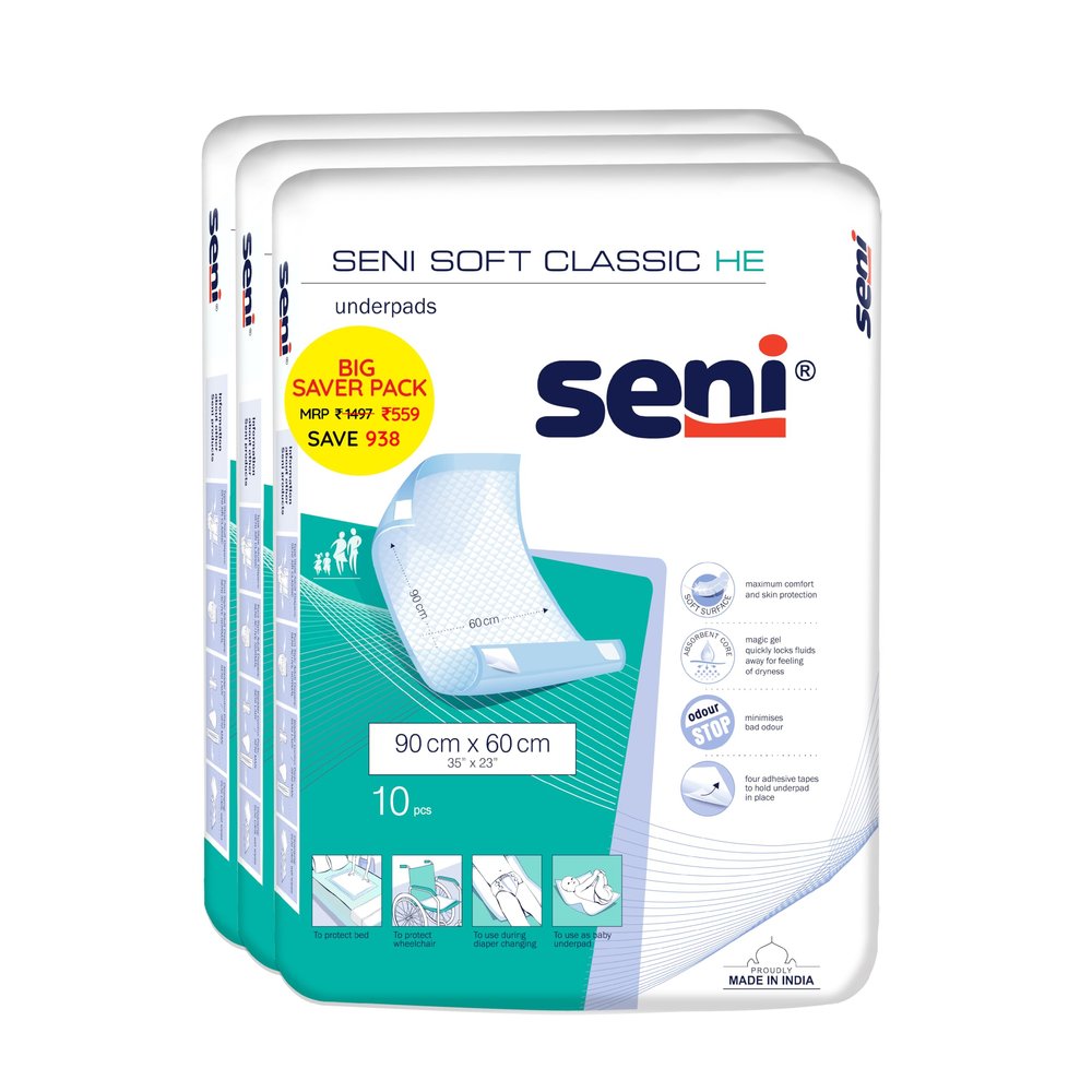 Seni Soft Classic HE Underpads - 30pcs | Pack of 3 | 90x60 cm | Ecomony | Comfort & Soft | Bed ridden safety | Leakage Proof | Odor stop