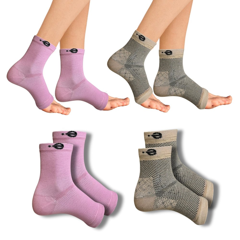 Compression Socks | Bamboo Cotton Open Toe | Women & Men | Plantar Fasciitis Socks for Neuropathy |Plantar Fasciitis Relief | Arch Support | Ankle & Foot Swelling | Baby Pink, Beige | Pack of 2