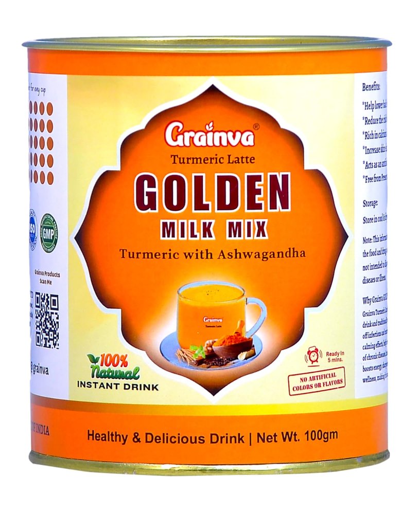 Grainva Turmeric Latte Golden Milk Mix with Ashwagandha 100g | Haldi Milk Mix Powder | Healthy Ayurvedic Remedy for Immunity, Stress Relief, and Better Sleep | Instant Golden Milk for Kids & Adults