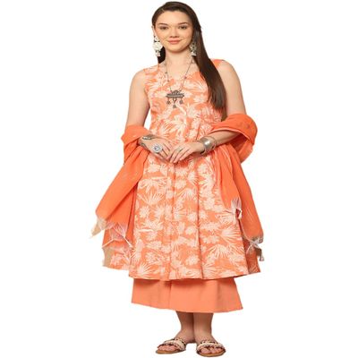 Jompers Women's Orange Printed Flared Kurta pallazos Dupatta Set. (Orange, XL)