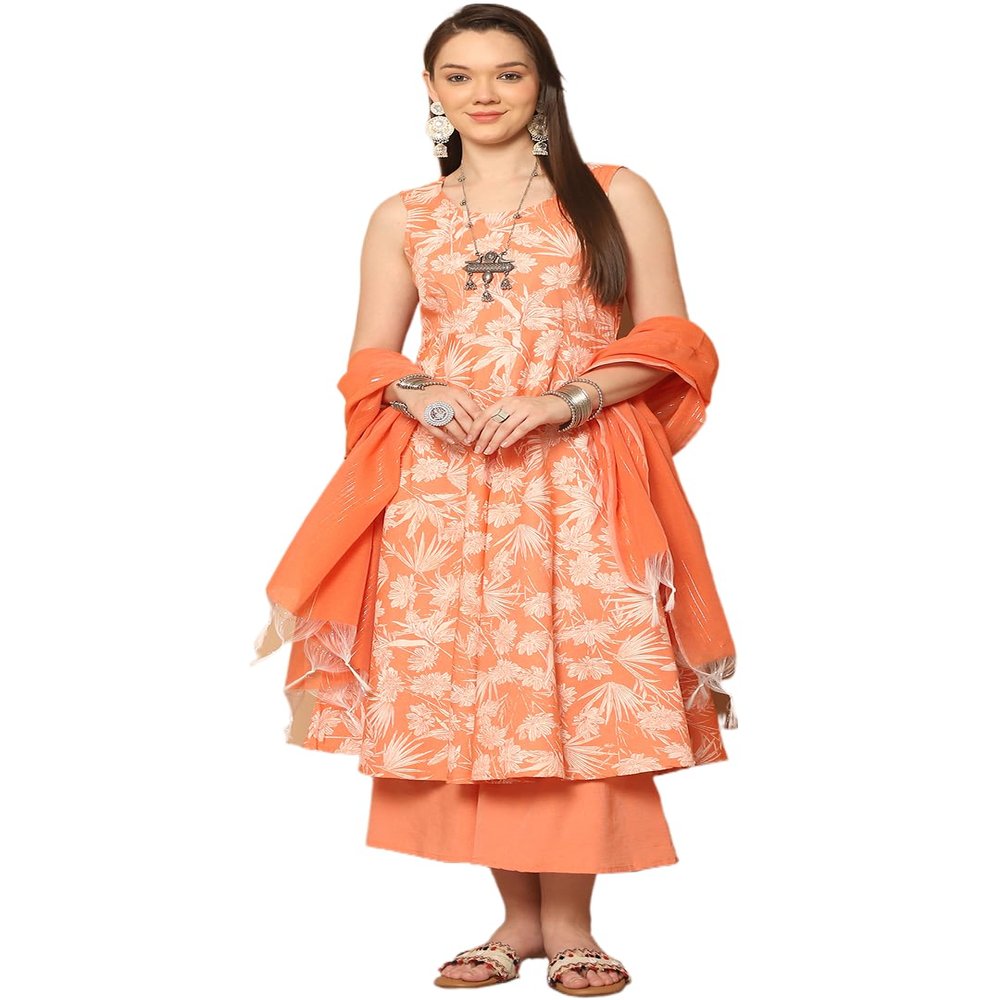 Jompers Women's Orange Printed Flared Kurta pallazos Dupatta Set. (Orange, XL)