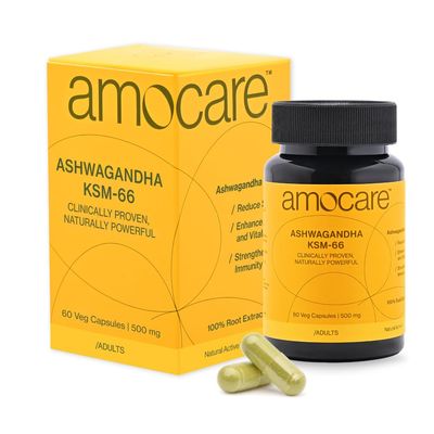 Amocare Ashwagandha KSM66-500mg | Veg Capsules (60) | World's Most Clinically Studied Ashwagandha | 100% Full Spectrum Root Extract | >5% Withanolides | Overall Well-being and Strength