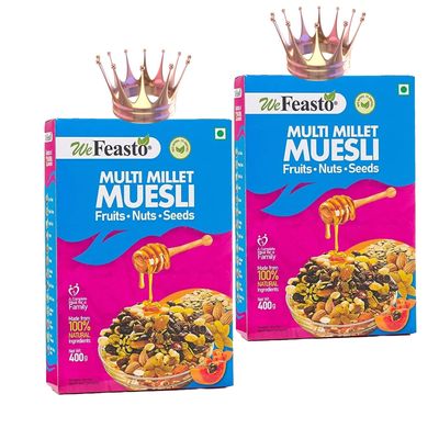 WeFeasto Crunchy Muesli 800 Gram - Nuts & Seeds, Breakfast Cereal with Almonds & sunflower Seeds, Dried Fruits & Whole Grains | Multigrain Healthy Food & Breakfast - (400gmX2)