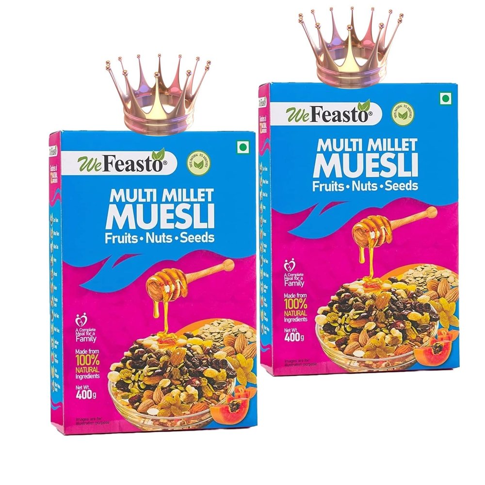WeFeasto Crunchy Muesli 800 Gram - Nuts & Seeds, Breakfast Cereal with Almonds & sunflower Seeds, Dried Fruits & Whole Grains | Multigrain Healthy Food & Breakfast - (400gmX2)