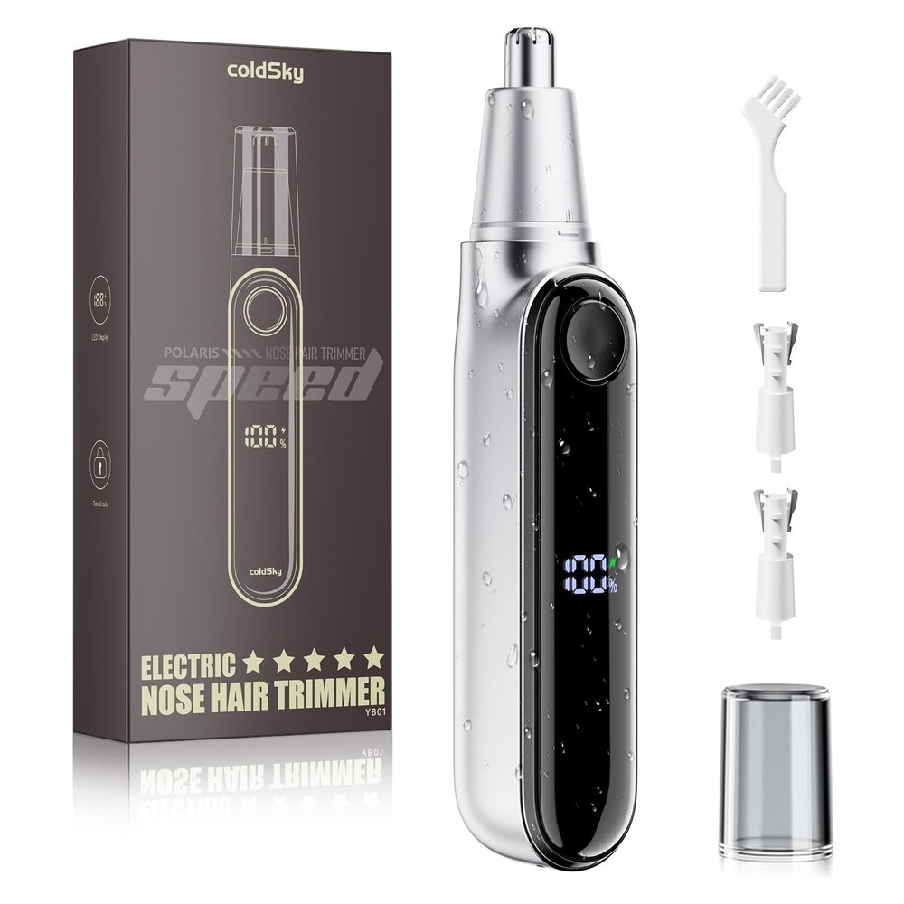 coldSky Ear & Nose Hair Trimmer with LED Display for Men Women - Professional Painless Eyebrow & Facial & Nose Hair Trimmer, USB Rechargeable, Dual-Edge Blades for Smoother Cutting Sliver