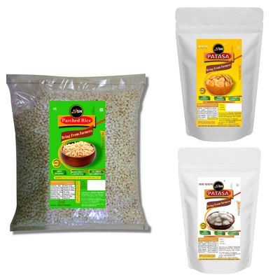 Bengal Handmade kheel/Puffed Rice(115g), Gur batasha(150g) & sugar candy/Sada Batasa(150g) Mix | kheel batasha for puja (415g)