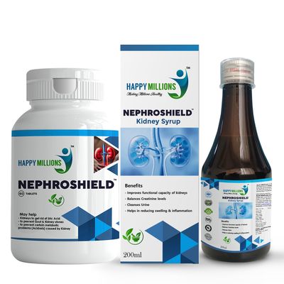 HappyMillions NephroShield Kidney Detox Combo Punarnava Gokhru Varun & Pipal Patta Extracts Kidney Support Ayurvedic Health Supplement Improves Functional Capacity of Kidneys 60 Tablets & 200ml Syrup