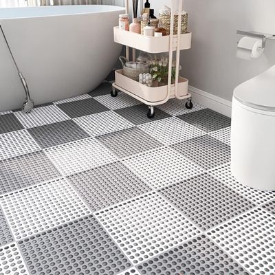 12x12 Inch Soft PVC Bath Shower Floor Mat with Drainage Holes Interlocking Non-Slip Tiles for Bathroom, Kitchen, Pool, and Wet Areas Waterproof, Anti-Slip, Multi-Use Floor Mat in White & Grey (14)