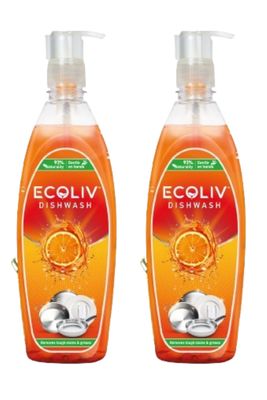 Ecoliv Natural Dishwash Gel 1L,Pack of 2 x 500 ml bottles, Gentle on Hands, Removes tough grease