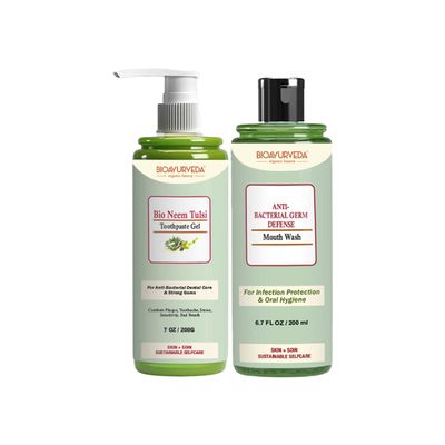 BIOAYURVEDA Mouthcare Combo: Bio Neem Tulsi Toothpaste Gel & Anti-Bacterial Germ Defense Mouth Wash, Fresh Breath & Oral Health (200 GM Each)