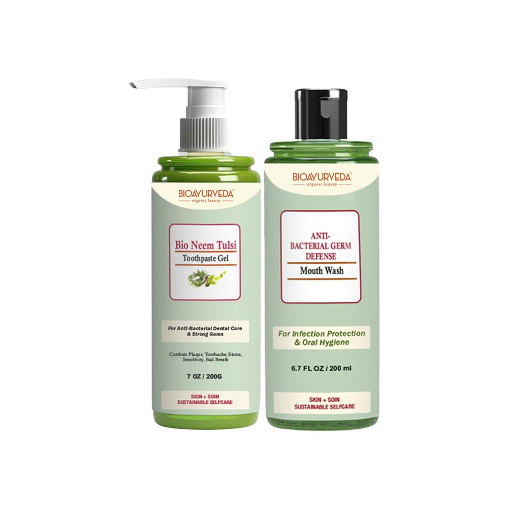 BIOAYURVEDA Mouthcare Combo: Bio Neem Tulsi Toothpaste Gel & Anti-Bacterial Germ Defense Mouth Wash, Fresh Breath & Oral Health (200 GM Each)