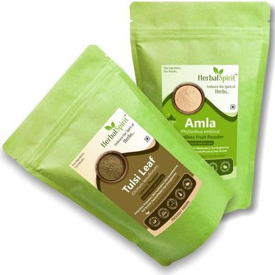 Herbal Spirit Tulsi Powder & Am-la Powder for Hair Growth | Organic Am-la Powder & Tulsi Powder for Face | Dried Tulsi Leaves and Indian Gooseberry | Am-la Churn Powder | 250gm each (Pack of 2)