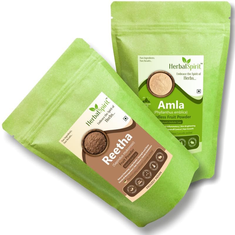 Herbal Spirit Amla Powder & Reetha Powder for Hair | Amla Powder for Hair Growth & Soap Nuts or Reetha Nuts Powder | Kunkudukayalu and Gooseberry | Soap Nuts for Hair | 250gm each (Pack of 2)