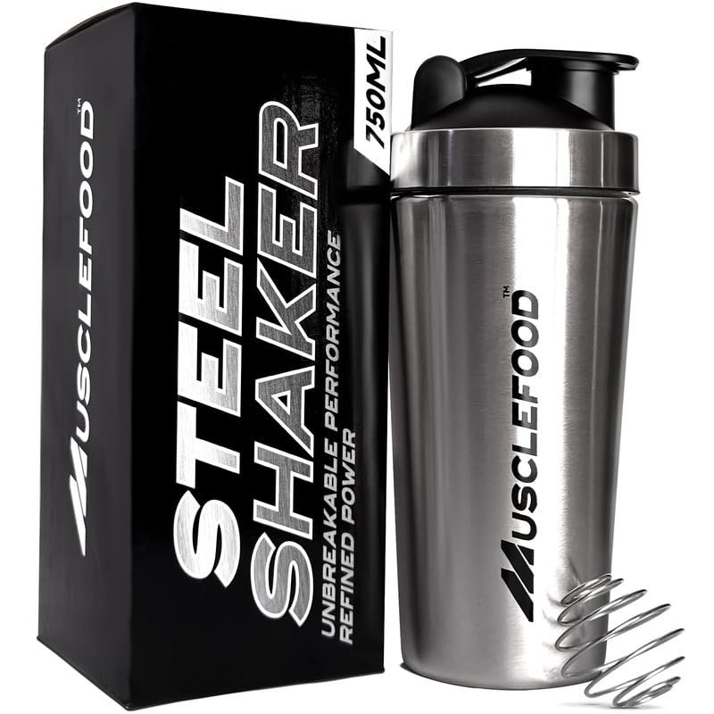 Musclefood Classic Steel Shaker 750 ml | Stainless Steel Protein Shaker Bottle for Gym & Pre-Workout | Leak-Proof, Rust-Free, BPA-Free Metal Shaker with Mixing Ball | Ideal for Workout & Travel