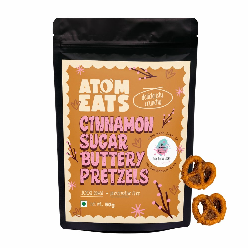 Atom Eats | Cinnamon Butter Pretzel Knots - 50g (Pack of 1) | Savory Snacks, Crunchy Namkeen - Perfect for Snack Box, Parties, On-the-Go - Versatile Food Items - Great for Dipping, Solo Snacking |