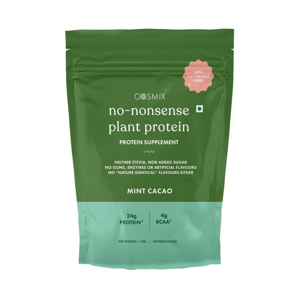 Cosmix No-Nonsense Plant Protein | 24 Protein/Serve, 1Kg Pouch | Mint Cacao | Plant Based Protein, Pea & Rice Isolate | Clean, Easy to Digest | All Essential Amino Acids