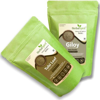 Herbal Spirit Tulsi Powder & Giloy Powder Organic | Guduchi Powder & Tulsi Powder for Drinking | Dried Tulsi Leaves & Telagapindi Powder | Tulsi & Giloy Churna Powder | Tippateega Powder | 250gm each