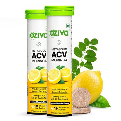 OZiva ACV Moringa | Control Cravings I Apple Cider Vinegar, Cinnamon, Guggul I No Maltodextrin & No Added Sugar I 15 Effervescent Tablets - Lemon Masala, Pack of 2 (30 Tablets)