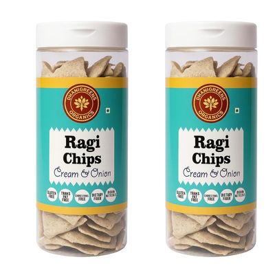 Dhanigreens Organics Crunchy Ragi Chips (Pack of 2, 150gm Each) Cream & Onion Flavour Healthy & Crispy Snacks | Gluten Free, Baked, Munchies, Dietary Fiber, Transfat Free | Rich in Nutrients | Protein Snack