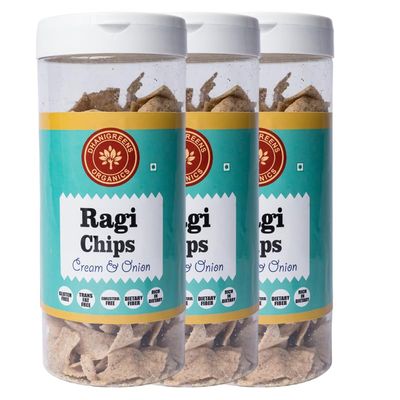 Dhanigreens Organics Crunchy Ragi Chips Cream & Onion Flavour Healthy & Crispy Snacks 150gm (Pack of 3)| Gluten Free, Baked, Munchies, Dietary Fiber, Transfat Free | Rich in Nutrients | Protein Snack