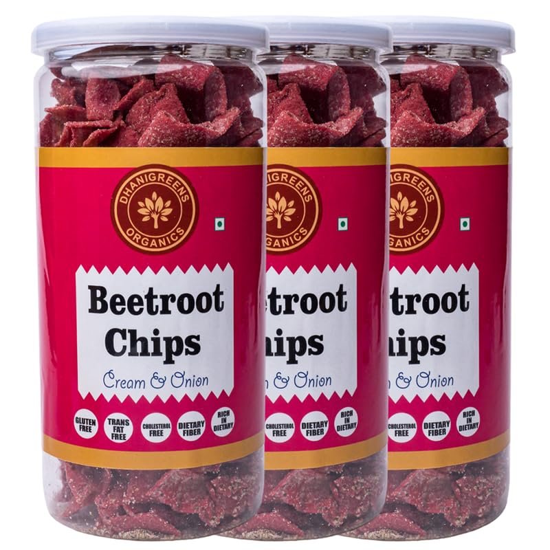 Dhanigreens Organics Salty Beetroot Chips Cream & Onion Flavour Healthy Snacks 150gm (Pack of 3)| Gluten Free, Baked, Munchies, Dietary Fiber, Transfat Free | Rich in Nutrients | Protein Snack