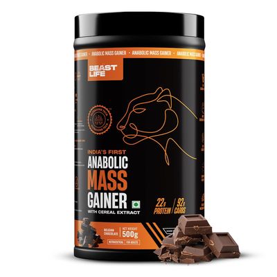Beast Life High Protein Mass/Weight Gainer | 500 Gram | Belgian Chocolate | NABL LAB Tested | For Muscle Gain & Fast Growth | Cereal-Based Formula, No Maltodextrin | India's #1 Cereal Based Bulk Gainer