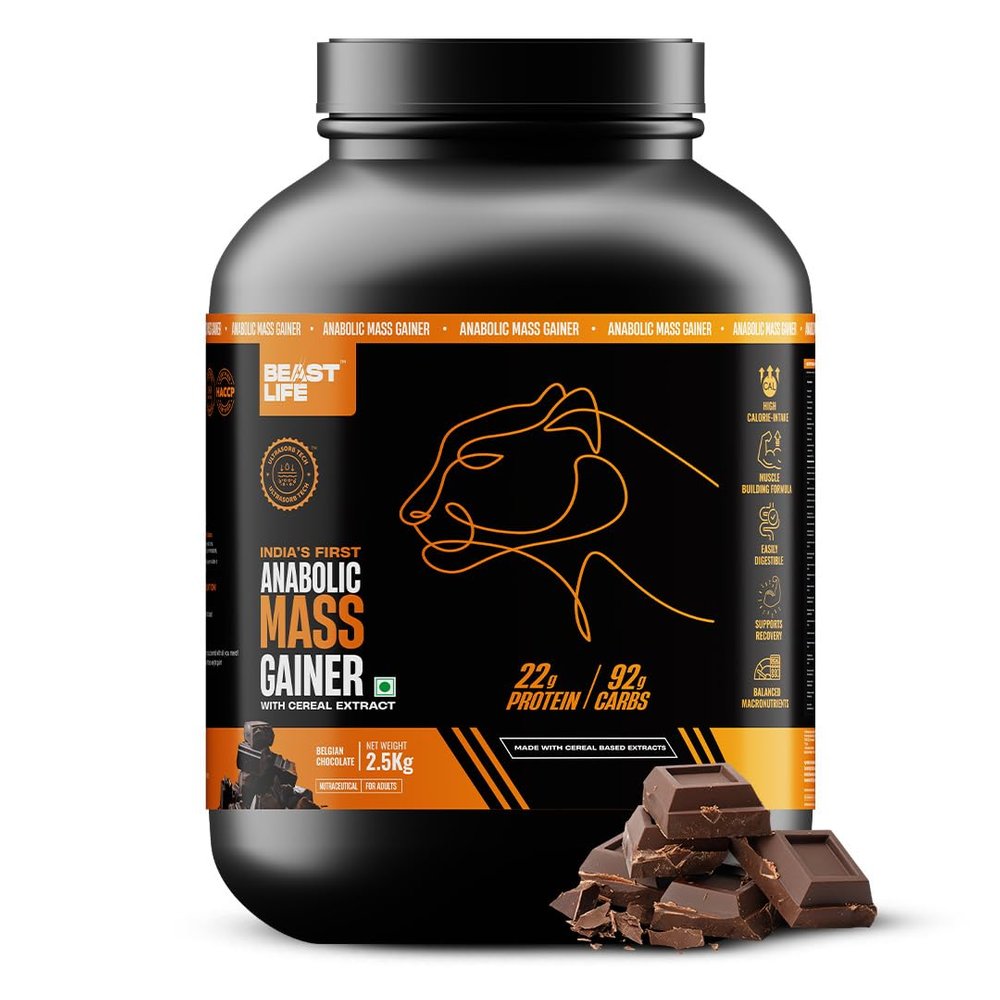 Beast Life High Protein Mass/Weight Gainer | 2.5 KG | Belgian Chocolate | NABL LAB Tested | For Muscle Gain & Fast Growth | Cereal-Based Formula, No Maltodextrin | India's #1 Cereal Based Bulk Gainer