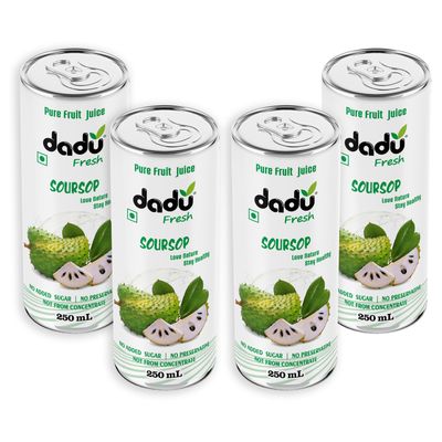Dadu Fresh Soursop Juice  Pure Fruit Healthy Beverage, No Added Sugar, All-Natural Drink Packed with Antioxidants and Vitamin C  Supports Immunity and Wellness | 250 ML Can | (Pack of 4) (Pack of 4, Soursop Juice)