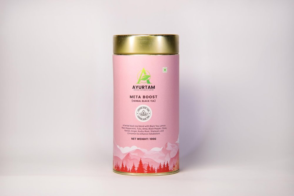 Ayurtam Meta Boost Herbal Black Tea Loose Leaf Infusion Black Tea with Ayurvedic Herbs, Daily Use Blend, Bold Flavour, Natural Ingredients 100 g FSSAI Certified