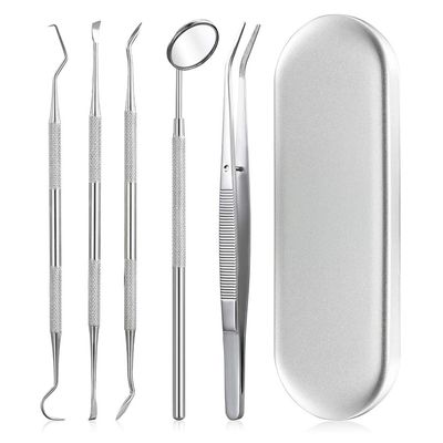 HANNEA 5Pcs Teeth Cleaning Tools Dental Kit with Storage Box Stainless Steel Teeth Hygiene Set with Dental Mirror Dental Tartar Scraper Dental Probe for Plaque Tartar Removal for Personal & Pets Use