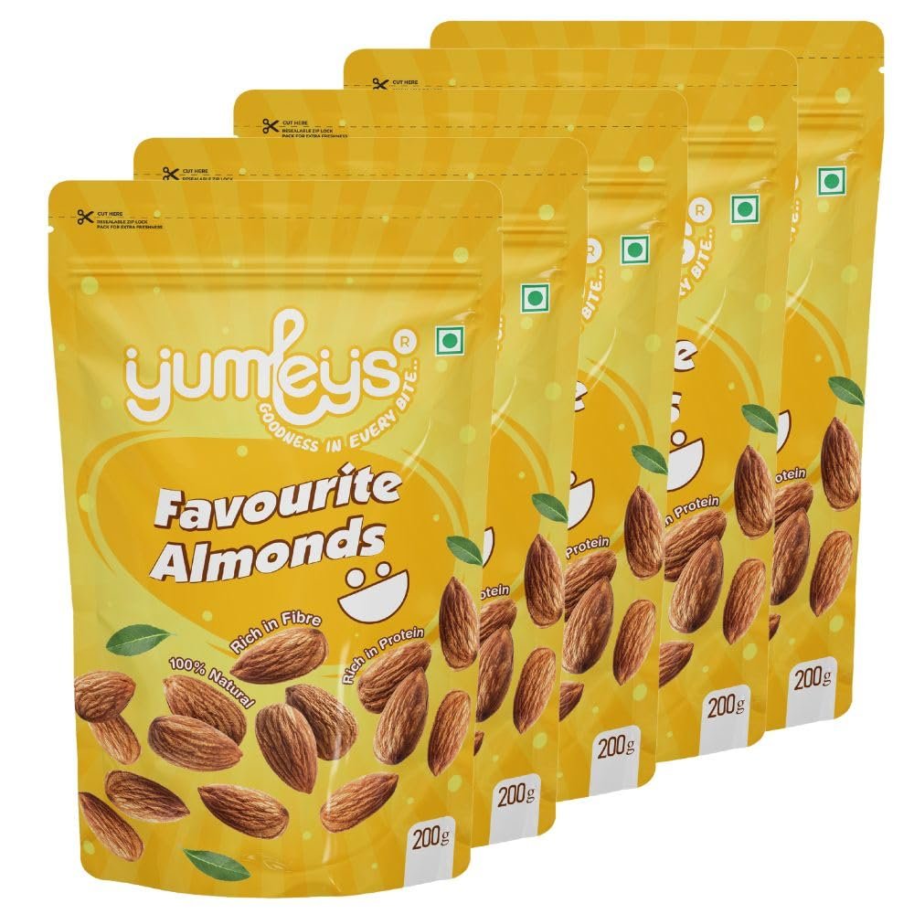 Yumleys Favourite California Almonds | Combo Snacks 1000g | Non Pareil Badam | High in Protein & Fiber, Zero Cholesterol | 100% Natural Crunchy Whole Badam Giri, Nuts & Dry Fruits (Pack of 5, Favourite Almonds)