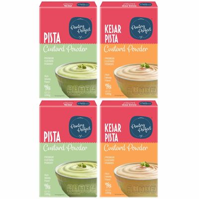 Pantry Perfect Pista & Kesar Pista Custard Powder - Pack of 4 (Each 100g) I Makes Smooth & Creamy Custard I Ready to Mix I Use for Desserts, Pudding, Fruit Salad