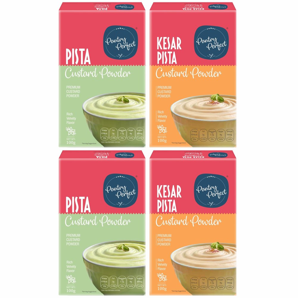 Pantry Perfect Pista & Kesar Pista Custard Powder - Pack of 4 (Each 100g) I Makes Smooth & Creamy Custard I Ready to Mix I Use for Desserts, Pudding, Fruit Salad