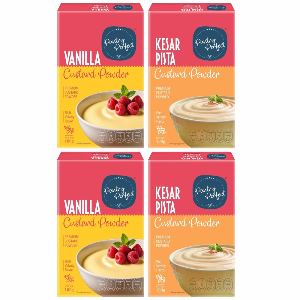 Pantry Perfect Vanilla & Kesar Pista Custard Powder - Pack of 4 (Each 100g) I Makes Smooth & Creamy Custard I Ready to Mix I Use for Desserts, Pudding, Fruit Salad