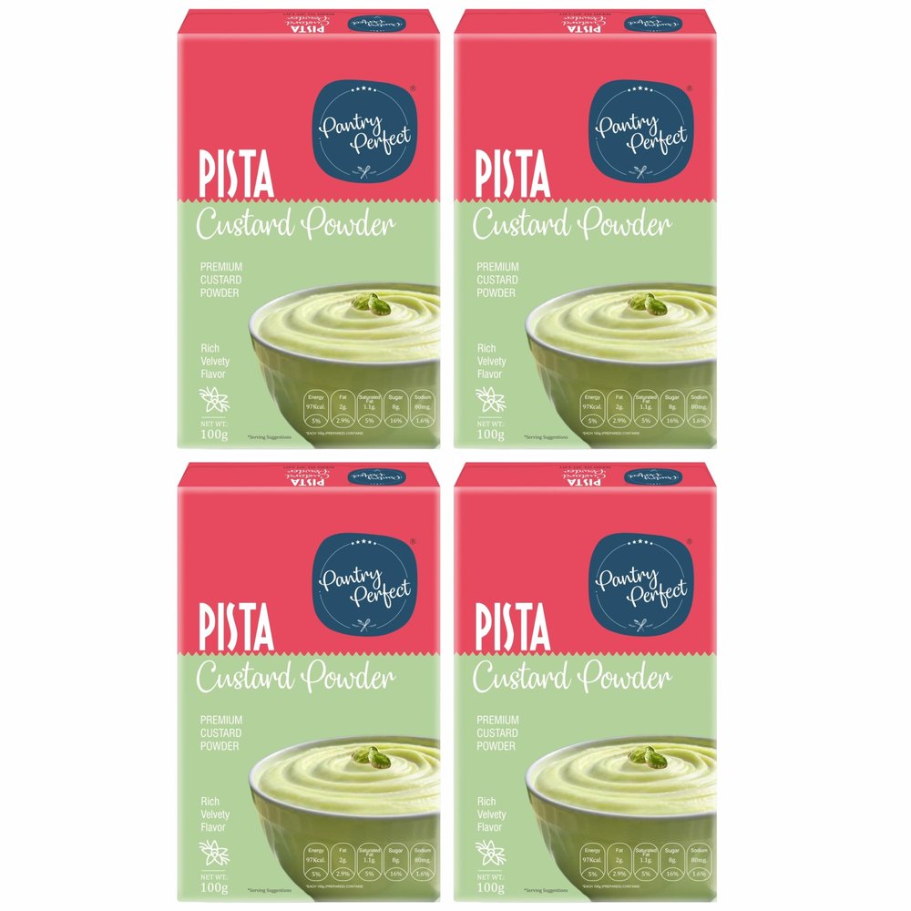 Pantry Perfect Pista Custard Powder - Pack of 4 (Each 100g) I Makes Smooth & Creamy Custard I Ready to Mix I Use for Desserts, Pudding, Fruit Salad