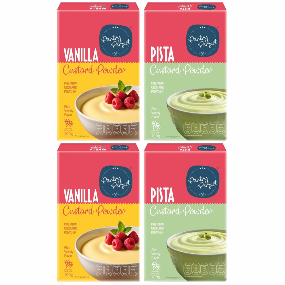 Pantry Perfect Vanilla & Pista Custard Powder - Pack of 4 (Each 100g) I Makes Smooth & Creamy Custard I Ready to Mix I Use for Desserts, Pudding, Fruit Salad