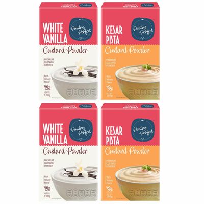 Pantry Perfect White Vanilla & Kesar Pista Custard Powder - Pack of 4 (Each 100g) I Makes Smooth & Creamy Custard I Ready to Mix I Use for Desserts, Pudding, Fruit Salad