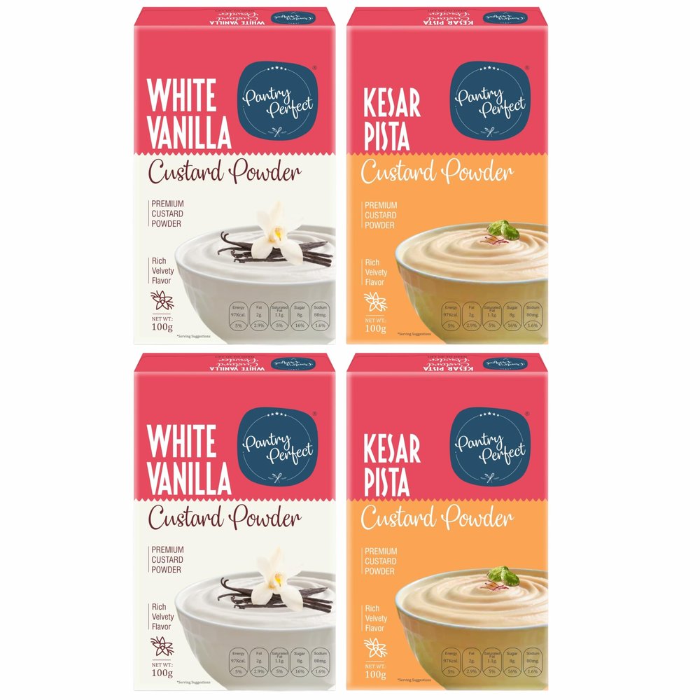 Pantry Perfect White Vanilla & Kesar Pista Custard Powder - Pack of 4 (Each 100g) I Makes Smooth & Creamy Custard I Ready to Mix I Use for Desserts, Pudding, Fruit Salad