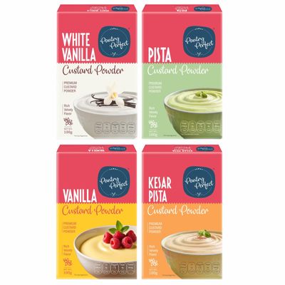 Pantry Perfect White Vanilla, Pista, Vanilla & Kesar Pista Custard Powder - Pack of 4 (Each 100g) I Makes Smooth & Creamy Custard I Ready to Mix I Use for Desserts, Pudding, Fruit Salad