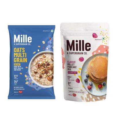 Mille Zero Added Sugar Breakfast Combo | Millet and Oats & Classic Pancake | Instant Multigrain High Protein Breakfast Cereal | Pack of 2 | 500 + 250g