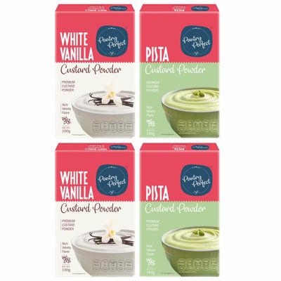 Pantry Perfect White Vanilla & Pista Custard Powder - Pack of 4 (Each 100g) I Makes Smooth & Creamy Custard I Ready to Mix I Use for Desserts, Pudding, Fruit Salad