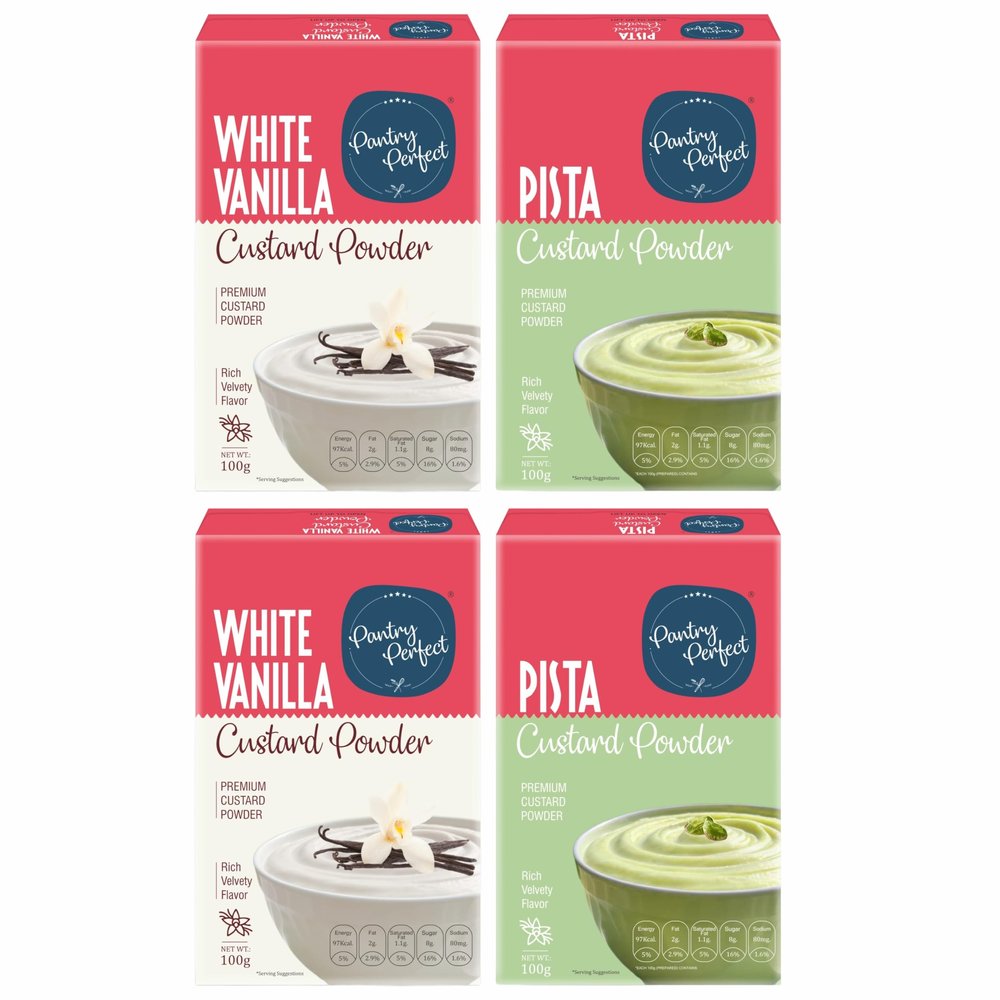 Pantry Perfect White Vanilla & Pista Custard Powder - Pack of 4 (Each 100g) I Makes Smooth & Creamy Custard I Ready to Mix I Use for Desserts, Pudding, Fruit Salad