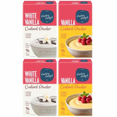 Pantry Perfect White Vanilla & Vanilla Custard Powder - Pack of 4 (Each 100g) I Makes Smooth & Creamy Custard I Ready to Mix I Use for Desserts, Pudding, Fruit Salad