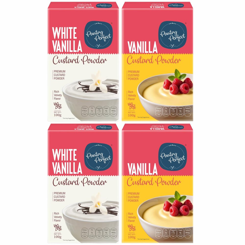 Pantry Perfect White Vanilla & Vanilla Custard Powder - Pack of 4 (Each 100g) I Makes Smooth & Creamy Custard I Ready to Mix I Use for Desserts, Pudding, Fruit Salad