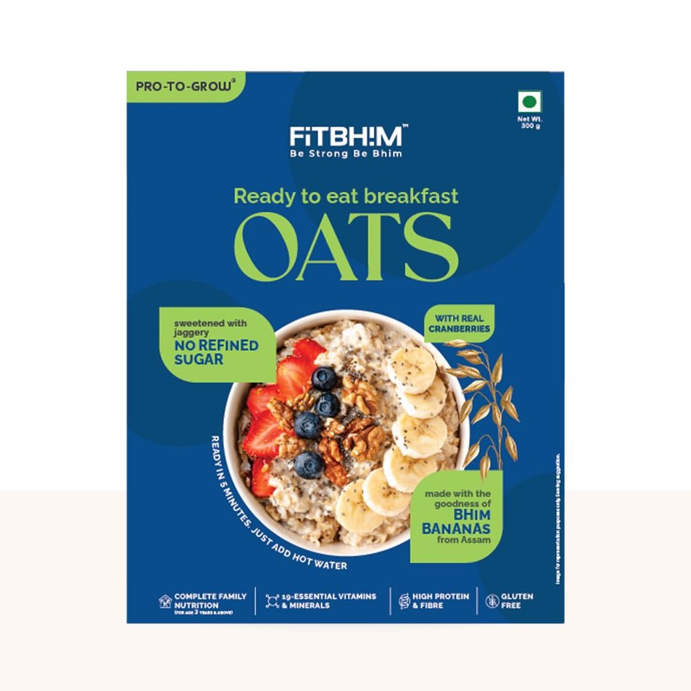 ProToGrow Ready to Eat Oats with Bhim Banana & Real Cranberries - 300g Box | High Dietary Fibre & Protein Rich | No Refined Sugar | Gluten Free | Healthy Breakfast for All Ages