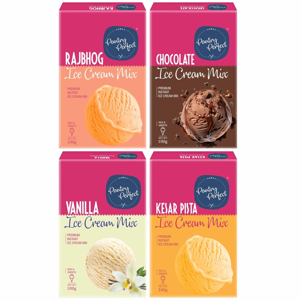 Pantry Perfect Rajbhog, Chocolate, Vanilla & Kesar Pista Ice Cream Mix - Pack of 4 (Each 100g) I Quick, Easy and Delicious Summer Treat Ready Mix, No Preservatives, No Hassle I Rich & Smooth I Easy to Prepare