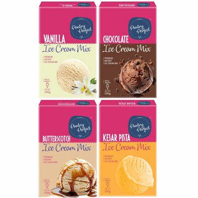 Pantry Perfect Vanilla, Chocolate, Butterscotch & Kesar Pista Ice Cream Mix - Pack of 4 (Each 100g) I Quick, Easy and Delicious Summer Treat Ready Mix, No Preservatives, No Hassle I Rich & Smooth I Easy to Prepare