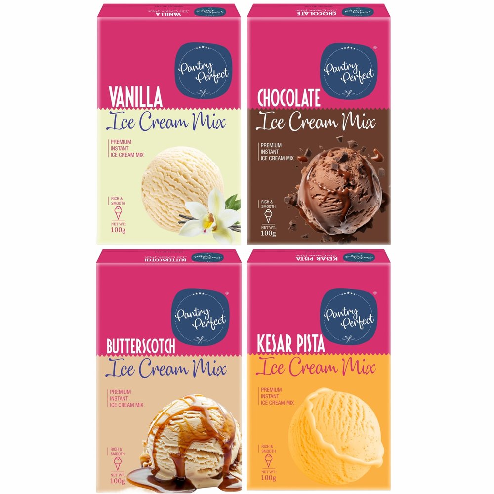 Pantry Perfect Vanilla, Chocolate, Butterscotch & Kesar Pista Ice Cream Mix - Pack of 4 (Each 100g) I Quick, Easy and Delicious Summer Treat Ready Mix, No Preservatives, No Hassle I Rich & Smooth I Easy to Prepare